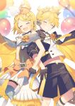  1boy 1girl back-to-back balloon bangs black_cape black_gloves black_shorts blonde_hair bow cape closed_eyes commentary crown flower gloves hair_bow hair_ornament hairclip headphones kagamine_len kagamine_rin locked_arms midriff open_mouth orange_bow pleated_skirt rose short_hair short_sleeves shorts simple_background sinaooo skirt smile vocaloid waist_bow white_background white_skirt yellow_flower yellow_rose 