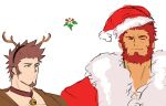  2boys alternate_costume antlers bara beard bell blue_eyes brown_hair christmas dark-skinned_male dark_skin facial_hair fate/grand_order fate_(series) goatee hat iskandar_(fate) loboke long_sideburns looking_at_another male_focus mature_male multiple_boys muscular muscular_male napoleon_bonaparte_(fate) neck_bell pout red_hair reindeer_antlers santa_costume santa_hat short_hair sideburns smile unfinished upper_body white_background 