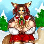 absolute_territory accessory anthro bell between_breasts big_breasts blue_eyes blush bow_(knot) breasts brown_hair christmas cleavage cleavage_overflow clothed clothing costume cute_fangs demonfoxtukuma eevee evergreen_tree fan_character female fully_clothed garter_straps gift glistening glistening_body glistening_breasts glistening_hair glistening_skin hair hair_accessory hair_bow hair_ribbon hand_between_breasts hi_res holding_gift holding_object holidays huge_breasts humanoid_hands inner_ear_fluff legwear long_hair looking_at_viewer naomi_minette nintendo offering_gift open_mouth outside pine_tree plant pok&eacute;mon pok&eacute;mon_(species) portrait reaching_towards_viewer red_clothing ribbons santa_costume signature sky smaller_version_at_source smile snow solo standing thick_thighs thigh_highs three-quarter_portrait tight_clothing tree tuft two_side_up video_games white_clothing white_legwear 