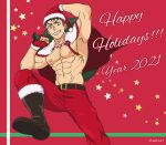  1boy abs akitaru_oubi bara bare_pectorals black_hair capelet christmas danichigo en&#039;en_no_shouboutai foot_out_of_frame grin happy_holidays hat highres jumping looking_at_viewer male_focus muscular muscular_male navel nipples no_shirt pectorals red_capelet santa_costume santa_hat short_hair sideburns smile solo stomach 