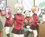  5girls ? accordion assam_(girls_und_panzer) bangs black_footwear black_ribbon black_skirt blonde_hair blue_eyes blue_headwear blue_jacket blue_sky boots braid brown_eyes brown_hair closed_mouth commentary couch darjeeling_(girls_und_panzer) day elbow_rest emblem flute frown girls_und_panzer hair_pulled_back hair_ribbon hand_on_own_chin harukai-i hat head_rest highres holding holding_instrument indoors instrument jacket keizoku_military_uniform long_hair long_sleeves looking_at_another looking_at_viewer medium_hair mika_(girls_und_panzer) military military_uniform miniskirt multiple_girls music on_couch open_mouth open_window orange_hair orange_pekoe_(girls_und_panzer) organ_(instrument) parted_bangs plant playing_instrument pleated_skirt potted_plant raglan_sleeves red_hair red_jacket ribbon rosehip_(girls_und_panzer) sheet_music short_hair sitting skirt sky smile st._gloriana&#039;s_(emblem) st._gloriana&#039;s_military_uniform standing tied_hair track_jacket triangle_(instrument) tulip_hat twin_braids uniform window 