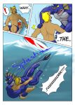  ! 5_fingers abs angry anthro aquatic_dragon barefoot belly_scales blonde_hair blue_body blue_bottomwear blue_clothing blue_scales blue_shorts bottomwear brown_body brown_eyes brown_fur canid canine canis chest_grab clothed clothing comic dialogue diving domestic_dog dragging dragon duo ear_fins ear_frill english_text extended_arm feet fin fingers forced frill_(anatomy) fur gharn_(vju79) grey_body grey_scales guss_(vju79) hair head_crest head_fin head_frill hi_res male mammal marine muscular muscular_anthro muscular_arms muscular_male nude onomatopoeia open_mouth outside pecs profanity reaching_out scales scalie screaming sea shocked shorts shoulder_grab sky sound_effects surfboard surprise_attack tail_fin tail_frill text topless topless_male underwater violence vju79 water wave wide_eyed wolf yellow_body yellow_scales 