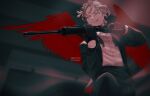  1boy aiming alternate_costume black_gloves blonde_hair boku_no_hero_academia collared_shirt dress_suit facing_viewer feathered_wings finger_on_trigger gloves gun half_gloves hawks_(boku_no_hero_academia) holding holding_gun holding_weapon knee_up looking_to_the_side mafia male_focus red_feathers rifle shirt solo tongue tongue_out twitter_username undone_bowtie viol_vrt weapon wings 