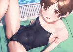  1girl blue_swimsuit brown_eyes brown_hair cameltoe covered_navel covered_nipples impossible_clothes impossible_swimsuit looking_at_viewer new_school_swimsuit one-piece_swimsuit open_mouth original poolside sagano_yuuji school_swimsuit shiny shiny_hair shiny_skin short_hair sitting skin_tight smile solo spread_legs swimsuit wet 