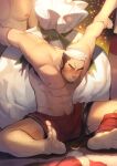  3boys abs arm_grab armpit_hair arms_up bara belt belt_removed blush bulge christmas commentary_request facial_hair fai_(fai-storage) feet frown gift_bag goatee highres jacket jacket_removed large_pectorals leg_hair male_focus male_underwear mature_male multicolored_hair multiple_boys muscular muscular_male navel navel_hair nipples original pectorals red_male_underwear restrained short_hair sideburns sitting soles solo_focus spread_legs stomach sweat sweatdrop thick_thighs thighs toes topless_male two-tone_hair underwear underwear_only undressing_another white_hair 