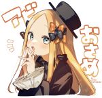  1girl abigail_williams_(fate) absurdres background_text bangs black_bow black_dress black_headwear blonde_hair blue_eyes blush bow cropped_torso dress fate/grand_order fate_(series) forehead hair_bow hands_up highres long_hair long_sleeves looking_at_viewer notice_lines open_mouth orange_bow parted_bangs puffy_long_sleeves puffy_sleeves signature simple_background sleeves_past_wrists sofra solo teeth tilted_headwear translation_request twitter_username upper_body upper_teeth white_background 