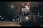  2021 5_fingers anthro black_bars black_hair brown_eyes canid canine canis clothing detailed_background digital_media_(artwork) fingers fur hair hi_res hoodie male mammal night outside snow snowing solo suzamuri topwear white_body white_fur wolf 