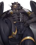  1boy abs animal_ears asutarou bara blush bulge covered_penis cum cum_in_clothes cum_through_clothes ejaculation ejaculation_under_clothes erection erection_under_clothes feathered_wings feet_out_of_frame flaming_eye furry furry_male green_eyes jaguar_boy jaguar_ears jaguar_tail large_pectorals long_hair looking_at_viewer lying male_focus muscular muscular_male navel navel_hair nipples on_back one_eye_covered pectorals solo stomach tail tezcatlipoca_(housamo) thick_eyebrows thick_thighs thighs tokyo_afterschool_summoners topless_male wings 