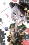  1girl absurdres blue_eyes blurry covering_mouth depth_of_field hat highres hire_(uret4788) holding jigsaw_puzzle komeiji_koishi looking_at_viewer programming puzzle short_hair silver_hair solo third_eye touhou upper_body wide_sleeves 