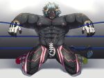  1boy abs asutarou bara blush censored curled_horns erection fishnet_legwear fishnets full_body furry furry_male grey_fur horns kneeling krampus_(housamo) large_pectorals long_sideburns looking_at_viewer male_focus mature_male medium_hair muscular muscular_male navel nipples pectorals public_indecency scar scar_across_eye scribble sideburns solo stomach thick_eyebrows thick_thighs thighs tokyo_afterschool_summoners topless_male tusks wrestling_outfit wrestling_ring 