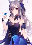  1girl bangs bare_shoulders blush breasts bug butterfly genshin_impact hair_cones hair_ornament helloimtea highres keqing_(genshin_impact) keqing_(opulent_splendor)_(genshin_impact) long_hair looking_at_viewer medium_breasts purple_eyes purple_hair smile solo swept_bangs twintails 