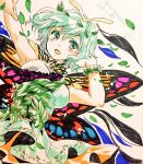  1girl antennae aqua_hair bad_id bad_twitter_id blush brown_eyes butterfly_wings dated downscaled dress eternity_larva fairy green_dress hair_between_eyes highres iori_mokamoka leaf leaf_on_head multicolored_clothes multicolored_dress open_mouth resized shikishi short_hair short_sleeves single_strap solo teeth third-party_source touhou twitter_username upper_teeth wings 