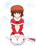  1girl absurdres blue_eyes blush brown_hair capelet christmas closed_mouth commentary_request enma702 eyebrows_visible_through_hair full_body fur-trimmed_capelet fur-trimmed_jacket fur-trimmed_shorts fur_trim hat hat_removed headwear_removed highres jacket looking_at_viewer lyrical_nanoha mahou_shoujo_lyrical_nanoha_innocent navel no_shirt red_capelet red_headwear red_jacket red_shorts ribs santa_costume santa_hat short_shorts shorts shrug_(clothing) sitting smile solo stern_starks thighhighs v_arms wariza white_background white_legwear 