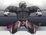  1boy abs asutarou bara blush censored curled_horns drooling erection fishnet_legwear fishnets full_body furry furry_male grey_fur horns kneeling krampus_(housamo) large_pectorals long_sideburns looking_at_viewer male_focus mature_male medium_hair muscular muscular_male navel nipples pectorals penis public_indecency scar scar_across_eye scribble sideburns small_penis solo stomach thick_eyebrows thick_thighs thighs tokyo_afterschool_summoners topless_male tusks wrestling_outfit wrestling_ring 