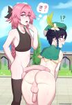  !? 2boys ass astolfo_(fate) b_d_one black_hair black_legwear blush bottomless eyebrows_visible_through_hair fate/apocrypha fate_(series) flower genshin_impact hair_between_eyes hair_flower hair_ornament hat long_braid long_hair male_focus multiple_boys navel open_mouth otoko_no_ko penis penis_awe penis_on_ass perineum pink_hair purple_eyes testicles thighhighs uncensored venti_(genshin_impact) yaoi 