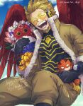  1boy blonde_hair blue_sky boku_no_hero_academia bouquet closed_eyes costume doll endeavor_(boku_no_hero_academia) facial_hair feathered_wings flower fur-trimmed_jacket fur_trim gift happy happy_birthday hawks_(boku_no_hero_academia) headphones highres holding holding_flower holding_gift jacket mahoubin_(totemo_hot_dayo) male_focus midair open_mouth red_feathers rimless_eyewear sky solo twitter_username wings 