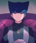  1boy bangs blue_eyes blue_hair blunt_bangs closed_mouth commentary_request frown logo looking_at_viewer male_focus pokemon pokemon_(game) pokemon_dppt saturn_(pokemon) short_hair solo sweatdrop team_galactic team_galactic_uniform toriniku_ginga upper_body 