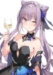  1girl absurdres bare_shoulders beads black_dress breasts cleavage clothing_cutout cup detached_collar detached_sleeves dress drinking_glass genshin_impact hair_cones hair_ribbon hand_up highres holding keqing_(genshin_impact) keqing_(opulent_splendor)_(genshin_impact) long_hair looking_at_viewer medium_breasts one_eye_closed pink_eyes purple_hair ribbon smile solo strapless strapless_dress twintails underboob_cutout upper_body xkirara39x 