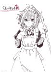  1girl absurdres alternate_costume apron breasts broom character_name cowboy_shot enmaided highres holding holding_broom kantai_collection long_hair maid maid_apron maid_headdress messy_hair monochrome nami_nami_(belphegor-5812) sheffield_(kancolle) small_breasts solo wrist_cuffs 