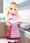 1girl apron azur_lane bangs blonde_hair blue_eyes blush breasts commentary_request commission conet510 cooking garter_straps gloves hairband high-waist_skirt highres kitchen leander_(azur_lane) long_hair looking_at_viewer plaid_trim pleated_skirt pot puffy_short_sleeves puffy_sleeves retrofit_(azur_lane) shirt short_sleeves skeb_commission skirt smile solo stove thighhighs twitter_username white_shirt 