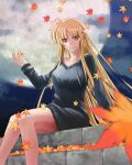  1girl autumn_leaves bangs bare_legs black_sweater blonde_hair blurry blurry_foreground braid closed_mouth cloud collarbone dress eyebrows_visible_through_hair fate_testarossa french_braid full_moon hair_between_eyes leaf long_hair long_sleeves looking_at_viewer lyrical_nanoha mahou_shoujo_lyrical_nanoha_strikers maple_leaf moon night off-shoulder_sweater off_shoulder outdoors red_eyes shiny shiny_hair short_dress sitting smile solo sougetsu_izuki stairs sweater sweater_dress very_long_hair 