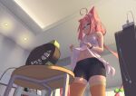  1girl absurdres ahoge animal_ear_fluff animal_ears bike_shorts black_shorts blue_eyes breasts cat_ears cat_girl cellphone clothes_lift earphones electric_fan from_below groin hair_bobbles hair_ornament highres hinata_channel indoors long_hair low-tied_long_hair low_twintails navel nekomiya_hinata orange_legwear phone pink_hair shirt_lift short_shorts shorts skindentation small_breasts smartphone solo table tank_top tenroy thighhighs thighs twintails very_long_hair virtual_youtuber watch white_tank_top wristwatch 