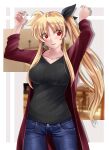  1girl arms_up bangs black_bow black_shirt blonde_hair blue_pants blurry blurry_background blush bow breasts coat collarbone cowboy_shot eyebrows_visible_through_hair fate_testarossa floating_hair hair_between_eyes hair_bow large_breasts long_hair looking_to_the_side lyrical_nanoha mahou_shoujo_lyrical_nanoha_strikers open_clothes open_coat open_mouth pants red_coat red_eyes shiny shiny_hair shirt side_ponytail solo sougetsu_izuki standing very_long_hair 