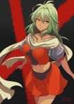  1girl armor breasts closed_mouth dark-skinned_female dark_skin emerada_(xenogears) endou_(zettai_bluenoid) green_hair highres long_hair looking_at_viewer midriff navel scarf shoulder_armor skirt smile solo torn_clothes xenogears yellow_eyes 