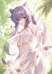  1girl bangs bare_arms bare_shoulders breasts cleavage collarbone double_bun eyebrows_visible_through_hair flower genshin_impact highres keqing_(genshin_impact) leaf long_hair looking_at_viewer medium_breasts outdoors parted_lips purple_eyes purple_hair see-through so_tsubasa solo vegetation water_drop 