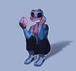  2021 amphibian anthro blue_background clothed clothing digital_media_(artwork) enginetrap fingerless_gloves footwear frog fully_clothed gloves handwear hi_res holding_object light lighting shaded shoes simple_background solo 