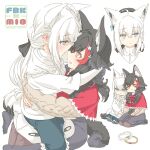  2girls animal_ears aqua_eyes black_bow black_hair blush bow brown_eyes character_name commentary_request extra_ears eye_contact face-to-face fox_ears fox_girl fox_tail grey_hair hair_bow highres hololive jewelry long_hair looking_at_another multicolored_hair multiple_girls multiple_views ookami_mio open_mouth red_hair ring shirakami_fubuki streaked_hair sweat tail tataki_tuna twitter_username white_background white_hair wolf_girl yuri 