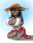  :d avatar_(ff14) bikini blush borrowed_character breast_suppress breasts cleavage dark-skinned_female dark_skin final_fantasy final_fantasy_xiv flower gradient gradient_background green_eyes hat highres huge_breasts lalafell midriff navel oppai_loli pointy_ears red_sarong sarong seiza shortstack simple_background sirachi sitting smile straw_hat swimsuit white_bikini 