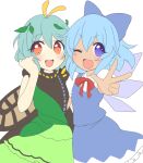  2girls antennae aqua_hair blue_bow blue_dress blue_eyes blue_hair blush bow butterfly_wings cirno collared_shirt dress eternity_larva eyebrows_visible_through_hair fairy green_dress hair_between_eyes hair_bow ice ice_wings leaf leaf_on_head multicolored_clothes multicolored_dress multiple_girls one_eye_closed open_mouth orange_eyes ougi_hina puffy_short_sleeves puffy_sleeves shirt short_hair short_sleeves simple_background single_strap sketch smile tanned_cirno touhou upper_body v white_background white_shirt wings 