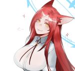  1girl =3 animal_ear_fluff animal_ears breasts cat_ears commentary english_commentary halo highres large_breasts less long_hair looking_at_viewer original red_hair shirt simple_background smile solo sparkle upper_body white_background white_shirt yellow_eyes 