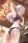  1girl armpits arms_up ass bangs black_bra black_panties blunt_bangs blush bra bra_lift changing_room hairband hololive kananote lifted_by_self long_hair looking_at_viewer murasaki_shion natsuiro_matsuri panties patreon_username side_bun silver_hair solo_focus sports_bra underwear undressing virtual_youtuber yellow_eyes 