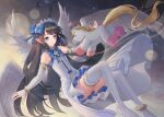  1girl absurdres angel_wings ass bangs black_hair blue_eyes blush closed_mouth cronos&#039;kid dress flat_chest hair_ribbon highres long_hair looking_away night night_sky pointy_ears ribbon sky solo star_(sky) starry_sky stuffed_animal stuffed_toy thighs wings 