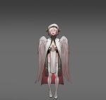  1girl :d absurdres angel_wings beret cloak closed_eyes commentary english_commentary facing_viewer feathered_wings grey_background grey_hair hat highres horns less long_sleeves no_panties open_mouth original own_hands_clasped own_hands_together pelvic_curtain robe short_hair simple_background smile thighhighs white_wings wings 