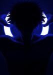  1boy arms_behind_head backlighting black_background blue_theme boku_no_hero_academia burn_scar dabi_(boku_no_hero_academia) ear_piercing facing_viewer highres holding male_focus piercing reirexx1 scar shoulders silhouette spiked_hair stapled toned toned_male topless_male twitter_username 