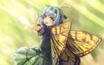  1girl antennae aqua_hair azumi_(madogiwa_bocchi_seki) bad_id bad_twitter_id blush_stickers butterfly_wings dress eternity_larva fairy green_dress leaf leaf_on_head looking_back multicolored_clothes multicolored_dress open_mouth short_hair solo teeth third-party_source touhou upper_body upper_teeth wings yellow_eyes 