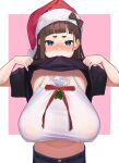  1girl bangs blue_eyes blunt_bangs blush breasts brown_hair covered_nipples hair_behind_ear hat highres huge_breasts lifted_by_self long_hair looking_at_viewer mouth_hold navel nose_blush original sagging_breasts santa_hat see-through shirt_in_mouth short_bangs simple_background solo upper_body wotori 