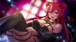  1girl 60mai ahoge black_legwear blurry breasts commentary_request demon_tail depth_of_field double_bun glasses hair_between_eyes horns indie_virtual_youtuber knees_up legs_up light_blush long_hair looking_at_viewer o-ring open_mouth putting_on_legwear red_eyes red_hair rin_setogaya solo tail thighhighs virtual_youtuber window 