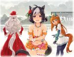  3girls ahoge animal_ears bangs bare_shoulders bikini biwa_hayahide_(umamusume) black_hair black_legwear blunt_bangs blush breasts cleavage cold commentary_request detached_sleeves dress ear_covers eyebrows_visible_through_hair flower green_eyes hair_flower hair_ornament hairband hairclip hat hibiscus horse_ears horse_girl horse_tail jewelry leg_garter long_hair medium_breasts multicolored_hair multiple_girls navel necklace nose_drip open_mouth orange_bikini orange_hair outdoors pantyhose pleated_skirt purple_eyes red_dress ryoji_(nomura_ryouji) santa_hat short_hair short_sleeves silence_suzuka_(umamusume) silver_hair skirt snowing special_week_(umamusume) standing swimsuit tail thigh_gap two-tone_hair umamusume white_flower white_hair 