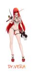  1girl absurdres anklet bangs bikini black_bikini black_nails breasts character_name cleavage closed_mouth colomar full_body highres holding holding_sword holding_weapon jewelry katana leg_strap long_hair nail_polish navel punishing:_gray_raven red_eyes red_hair sandals see-through_shirt sheath shirt simple_background sleeves_rolled_up smile solo summer_uniform sunglasses swimsuit sword toes vera_(punishing:_gray_raven) weapon white_background white_shirt 