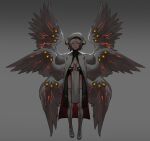  1girl absurdres angel_wings beret black_sclera cloak colored_sclera commentary english_commentary extra_eyes feathered_wings glowing glowing_eyes grey_background grey_hair hat highres horns less long_sleeves looking_at_viewer multiple_wings no_panties one_eye_closed orange_eyes original own_hands_clasped own_hands_together parted_lips pelvic_curtain robe seraph short_hair simple_background smile thighhighs white_wings wings 