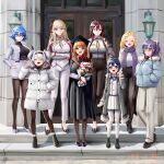  6+girls absurdres alvis_(last_origin) andvari_(last_origin) aqua_eyes bangs blonde_hair blue_eyes blue_hair blush bouquet breasts cailleach_bheur coat dark_blue_hair full_body glasses graduation green_eyes gremlin_(last_origin) grin group_picture group_profile highres large_breasts last_origin leona_of_blood_&amp;_iron lineup multiple_girls necktie nymph_(last_origin) one_eye_closed open_mouth pleated_skirt profile purple_hair sand_girl_(last_origin) scarf short_hair skirt smile teddyellow twintails two_side_up v valkyrie_(last_origin) white_hair white_skirt 