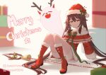  1girl antlers ass bell boots brown_hair christmas flat_chest genshin_impact ghost gift hat highres hu_tao_(genshin_impact) long_hair looking_away merry_christmas red_eyes reindeer_antlers ribbon santa_costume santa_hat shorts sinyamato96 sitting smile solo symbol-shaped_pupils thighs twintails 