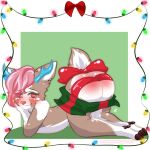  1:1 accessory anthro antlers belly blush body_blush bubble_butt butt butt_blush calyx_forrester cervid chibi christmas christmas_lights cloven_hooves furgonomics hair hi_res holidays hooves horn leg_markings lying male mammal markings momodesugart nude on_front pink_eyes pink_hair ribbons simple_background socks_(marking) solo tail_accessory tail_bow tail_ribbon white_belly white_butt white_markings 
