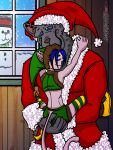  absurd_res anthro bell blue_eyes blue_hair bottomwear canid canine canis catgirl charles_grey christmas christmas_clothing christmas_headwear clothing costume crop_top ear_piercing elf_costume embrace eyes_closed female fur furgonomics hair hat headgear headwear hi_res holding_another holidays hotpants hug humanoid kit_lekat legwear male male/female mammal midriff piercing romantic romantic_couple santa_costume santa_hat shirt shorts snowing_outside snowman spaceshiplewis spots spotted_body spotted_fur stockings tail_clothing topwear window winter wolf 