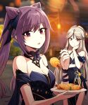  2girls :o bangs bare_shoulders blue_dress blurry blush breasts chopsticks cleavage closed_mouth depth_of_field double_bun dress eyebrows_visible_through_hair food genshin_impact hair_ornament highres keqing_(genshin_impact) keqing_(opulent_splendor)_(genshin_impact) large_breasts light_brown_hair lix long_hair looking_at_viewer multiple_girls ningguang_(genshin_impact) ningguang_(orchid&#039;s_evening_gown)_(genshin_impact) off_shoulder outdoors parted_lips plate purple_eyes purple_hair red_eyes smile twintails 
