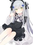  1girl apron bangs black_apron black_hairband black_ribbon bow bowtie checkered_bow checkered_bowtie checkered_clothes commentary dress eyebrows_visible_through_hair facial_mark fei_(songyijie) frilled_apron frills girls&#039;_frontline green_eyes grey_hair hair_between_eyes hair_ornament hair_ribbon hairband hat highres hk416_(black_kitty&#039;s_gift)_(girls&#039;_frontline) hk416_(girls&#039;_frontline) long_hair long_sleeves looking_at_viewer mini_hat official_alternate_costume open_mouth ribbon simple_background sitting solo two_side_up white_background white_dress younger 